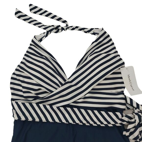 Meet Curve Swimsuit Womens Large Blue Fashion Faux Wrap Halter One Piece Stripes - Picture 6 of 10